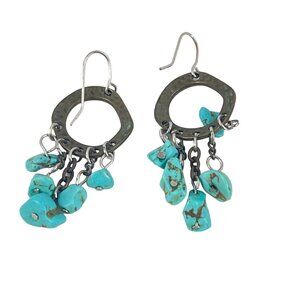 Handcrafted Turquoise Dangle Earrings Hammered Bronze Circles and Silver Hooks